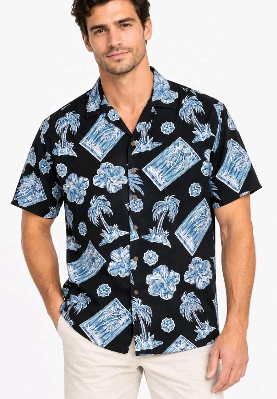 Campia Moda~Men's Size XL~Black & Blue Hawaiian Short Sleeve Floral Shirt.